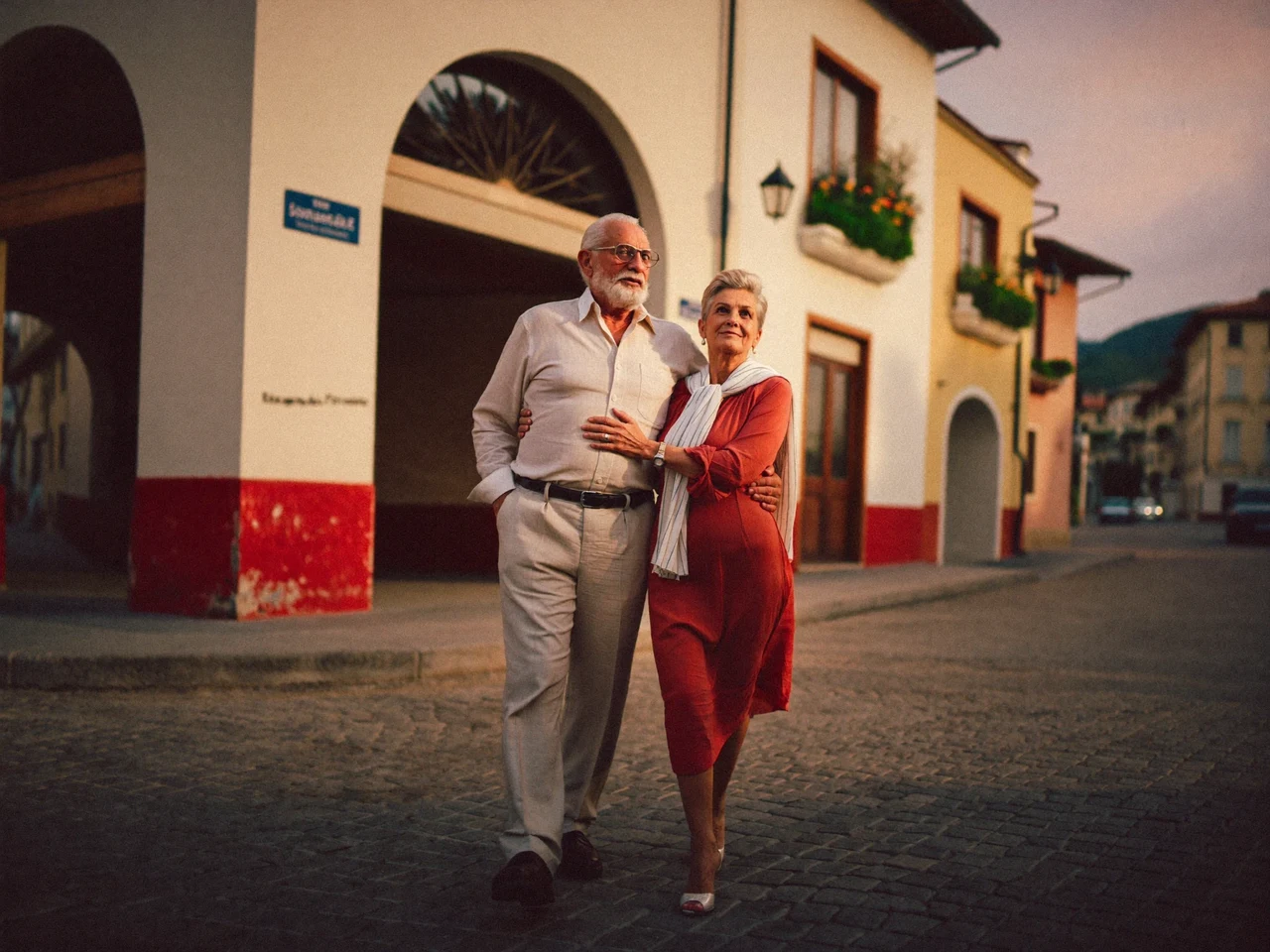 Una coppia di anziani passeggia a braccetto in una via soleggiata di un borgo italiano.